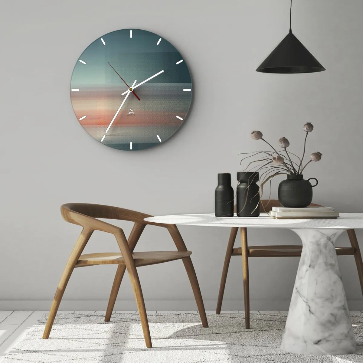 Väggklocka - Klocka på glas - En suddig abstraktion som liknar ljusvågor i färger - 30x30cm - Abstraktion: ljusvågor - Modern väggdekoration för vardagsrum, kök och sovrum ARTTOR