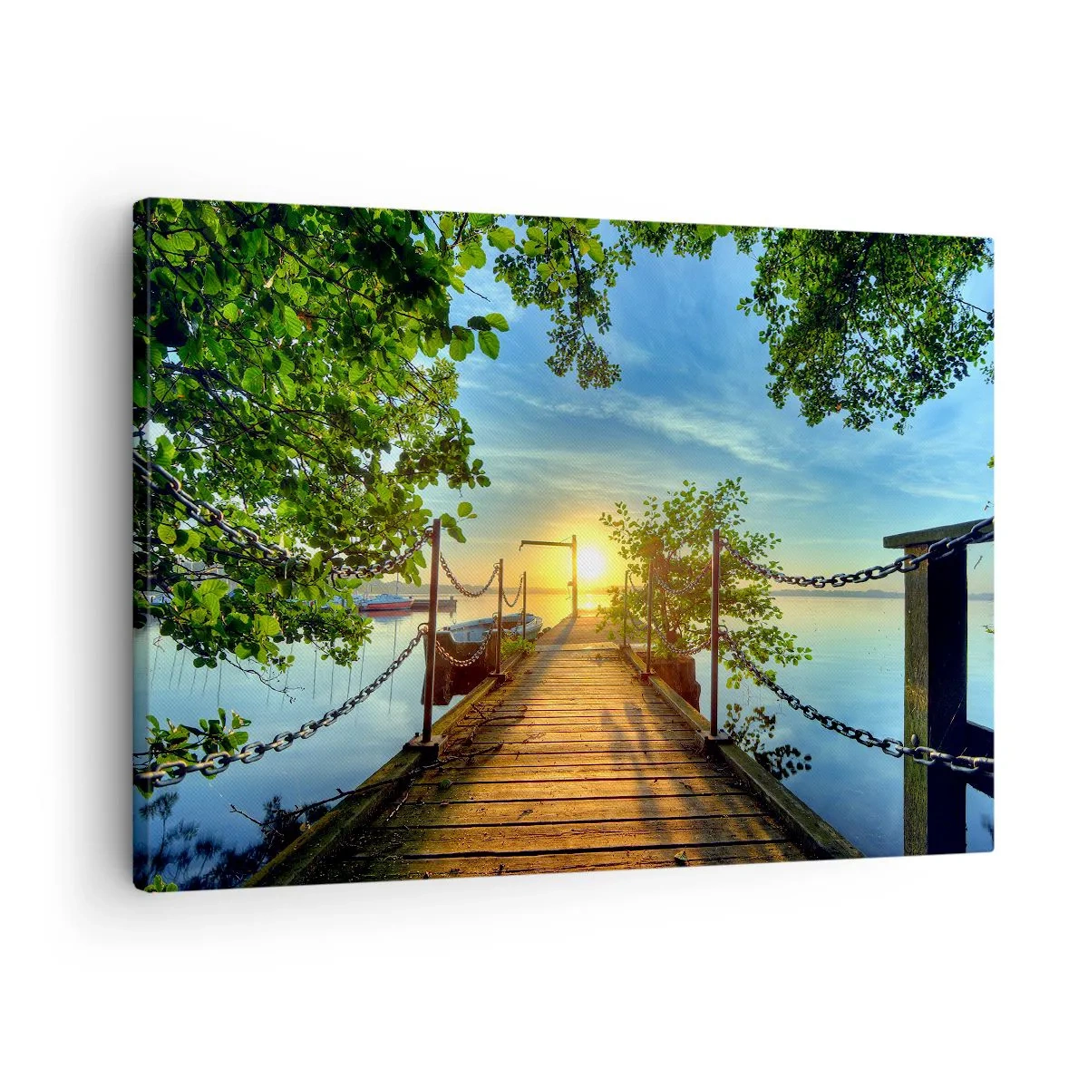 Canvastavla - Bild på duk - En pir över sjön i solnedgångens strålar - 70x50cm - Solnedgång vid vatten - Modern väggdekoration för vardagsrum och sovrum ARTTOR
