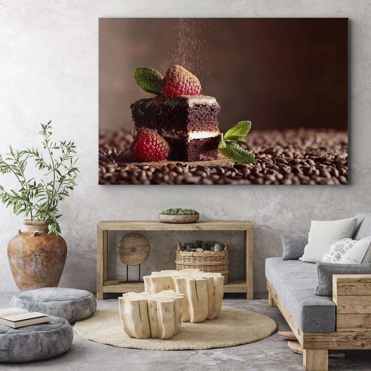 Canvastavla - Bild på duk - Chokladkaka med hallon och mynta på en bakgrund av kakaobönor - 70x50cm - Livet är ljuvt - Modern väggdekoration för vardagsrum och sovrum ARTTOR