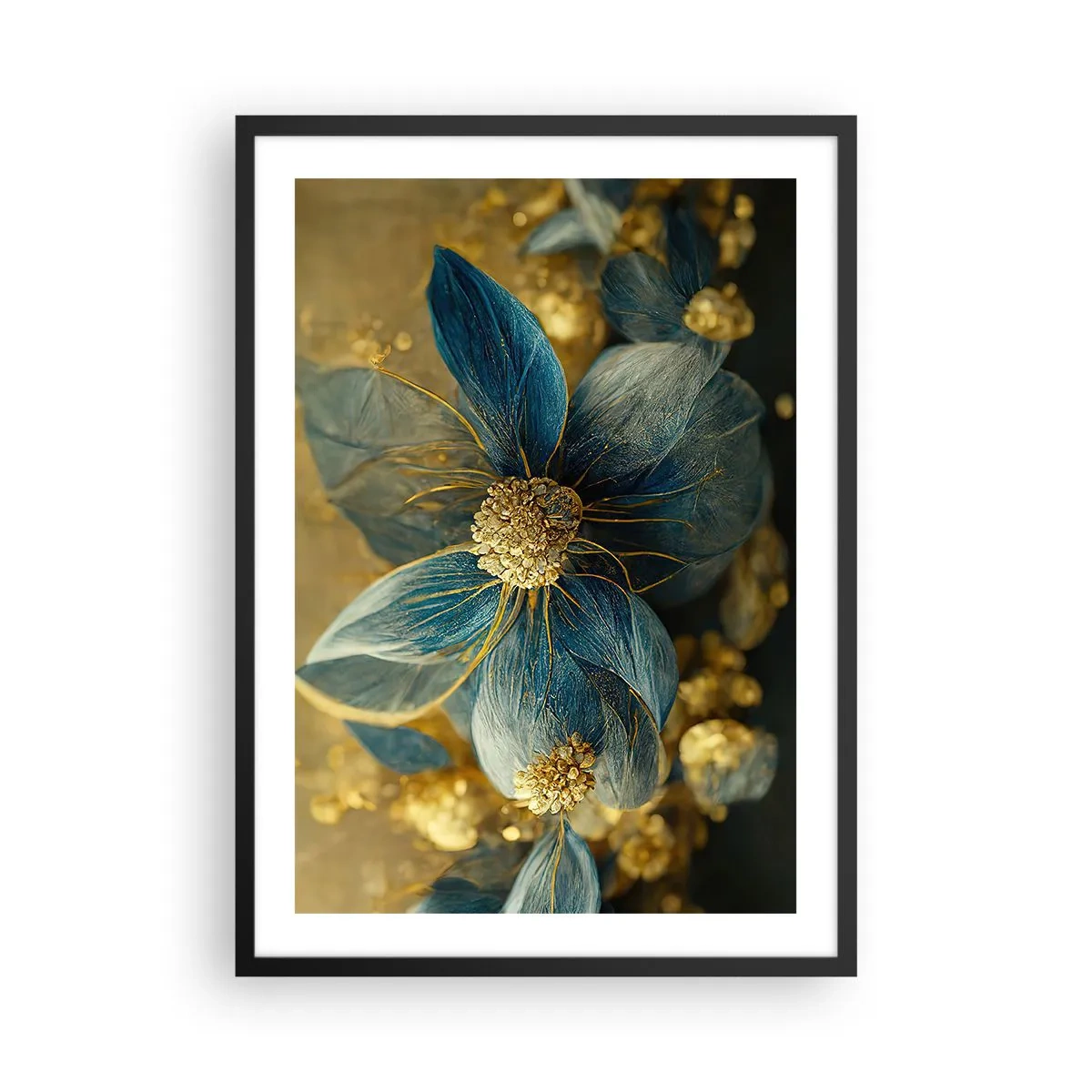 Affisch i svart ram - Guld- och marinblå blommor i en elegant komposition - 50x70cm - Blommande av guld - Modern väggdekoration för vardagsrum och sovrum ARTTOR
