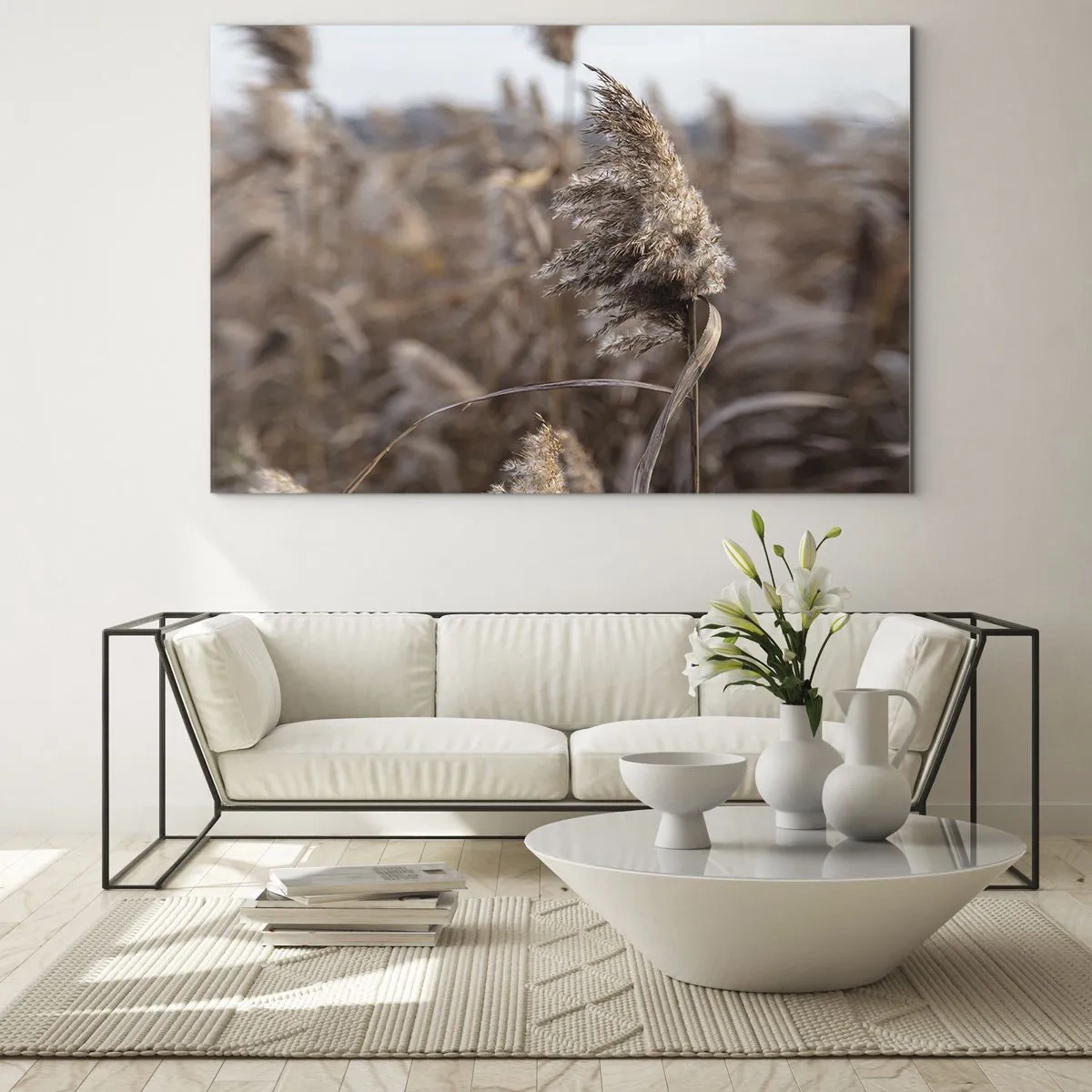 Glastavla - Bild på glas - Närbild av torrt gräs som vajar i vinden - 70x50cm - Dags att flyga bort med vinden - Modern väggdekoration för vardagsrum och sovrum ARTTOR