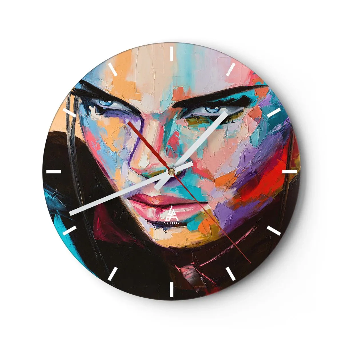 Väggklocka - Klocka på glas - Abstrakt porträtt av en kvinna - 30x30cm - Vilt hjärta - Modern väggdekoration för vardagsrum, kök och sovrum ARTTOR