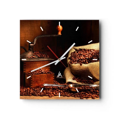 Väggklocka - Klocka på glas - Stilleben med kaffebönor och kvarn - 30x30 cm