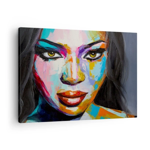 Canvastavla - Bild på duk - Ett färgstarkt porträtt av en kvinna med intensiv blick - 70x50cm - Kan inte ta ögonen från henne - Modern väggdekoration för vardagsrum och sovrum ARTTOR