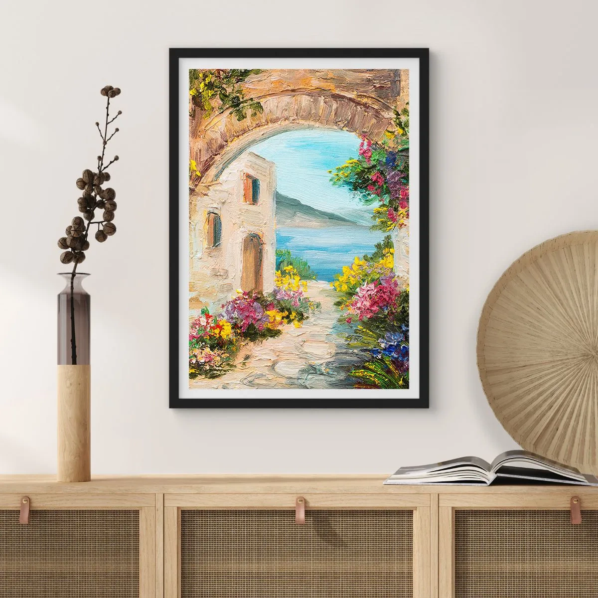 Affisch i svart ram - Stenvalv med utsikt över havet - 50x70cm - Kustprovinsens charm - Modern väggdekoration för vardagsrum och sovrum ARTTOR
