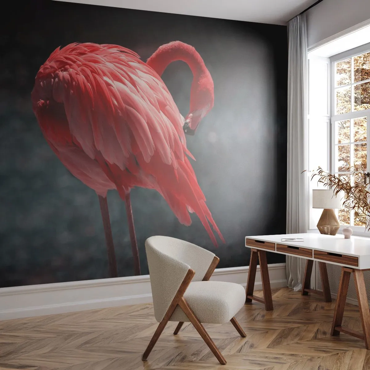 Fototapet Premium Sand - Djuprött naturpoem - Flamingo, Fågel, Natur - 350x256 cm