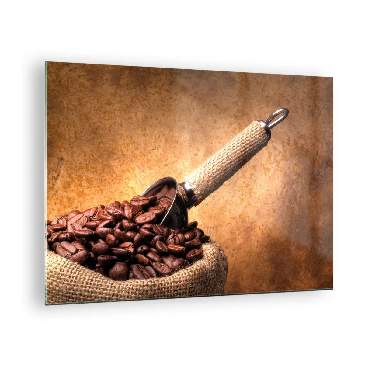 Glastavla - Bild på glas - Kaffebönor i en jutepåse med en metallskopa - 70x50cm - I smakens källor - Modern väggdekoration för vardagsrum och sovrum ARTTOR