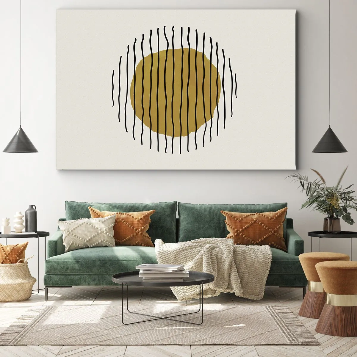 Canvastavla - Bild på duk - Ett minimalistiskt motiv med en gul cirkel och svarta linjer. - 70x50cm - Abstraktion som darrar av glöd - Modern väggdekoration för vardagsrum och sovrum ARTTOR