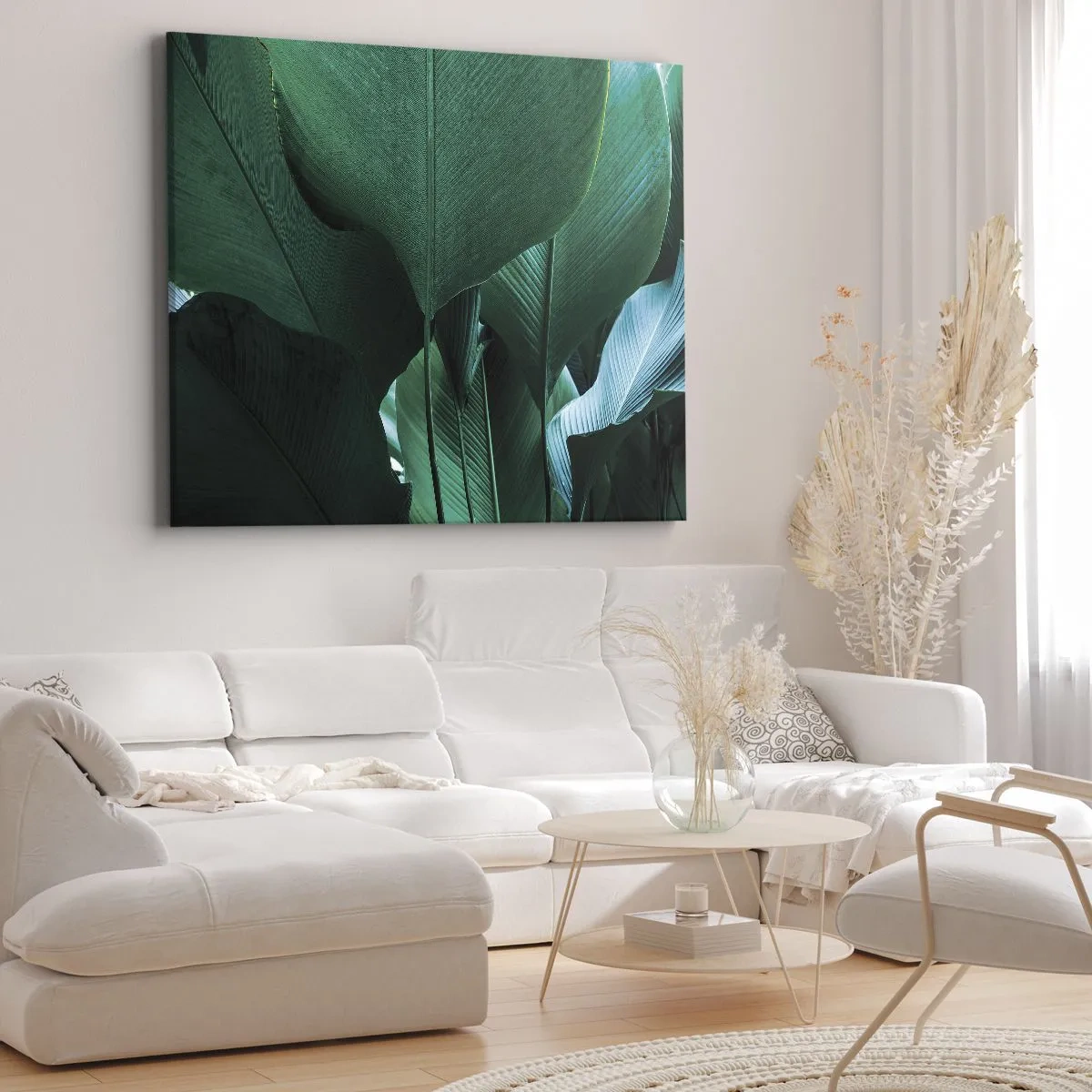 Canvastavla - Bild på duk - Gröna blad i en minimalistisk komposition - 70x50cm - Vända mot ljuset - Modern väggdekoration för vardagsrum och sovrum ARTTOR