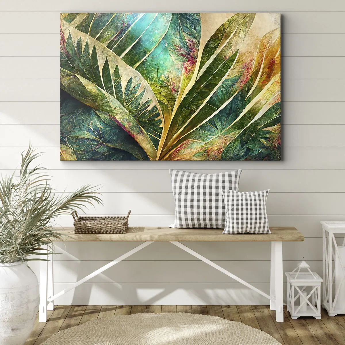 Canvastavla - Bild på duk - Färgglada tropiska löv på en ljus bakgrund - 70x50cm - Färger i tropikerna - Modern väggdekoration för vardagsrum och sovrum ARTTOR