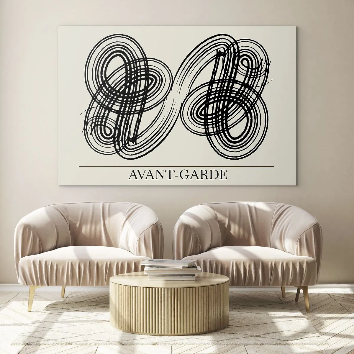 Glastavla - Bild på glas - Svarta avantgardistiska loopar och linjer på en ljus bakgrund - 70x50cm - Det kom ut spontant - Modern väggdekoration för vardagsrum och sovrum ARTTOR