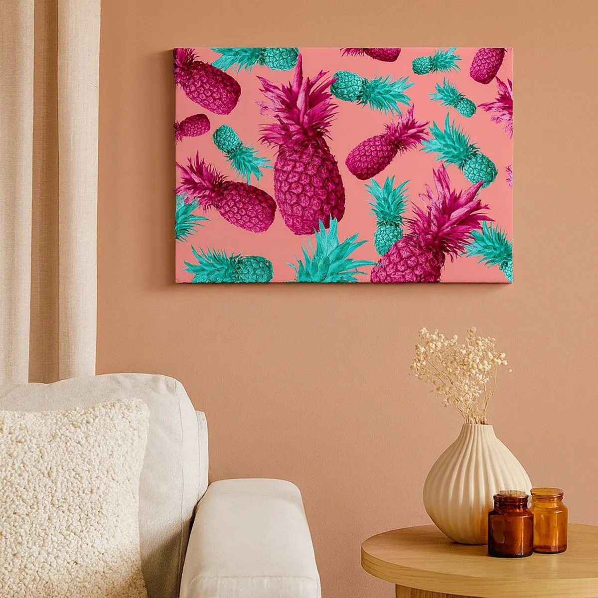 Canvastavla - Bild på duk - Exotiska ananaser i rosa och turkosa färger - 70x50cm - Friheten är söt - Modern väggdekoration för vardagsrum och sovrum ARTTOR