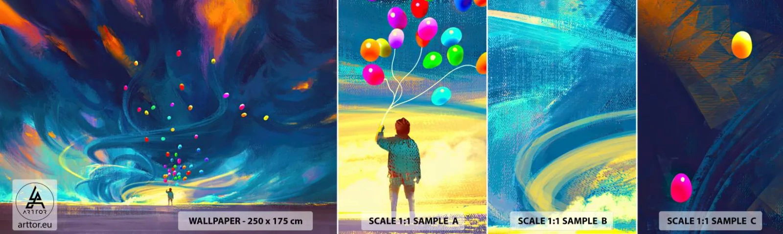 Provbit av självhäftande fototapet Deluxe Sticker - Blå vind - För barn, Färgglada ballonger, Abstraktion - 100x30 cm