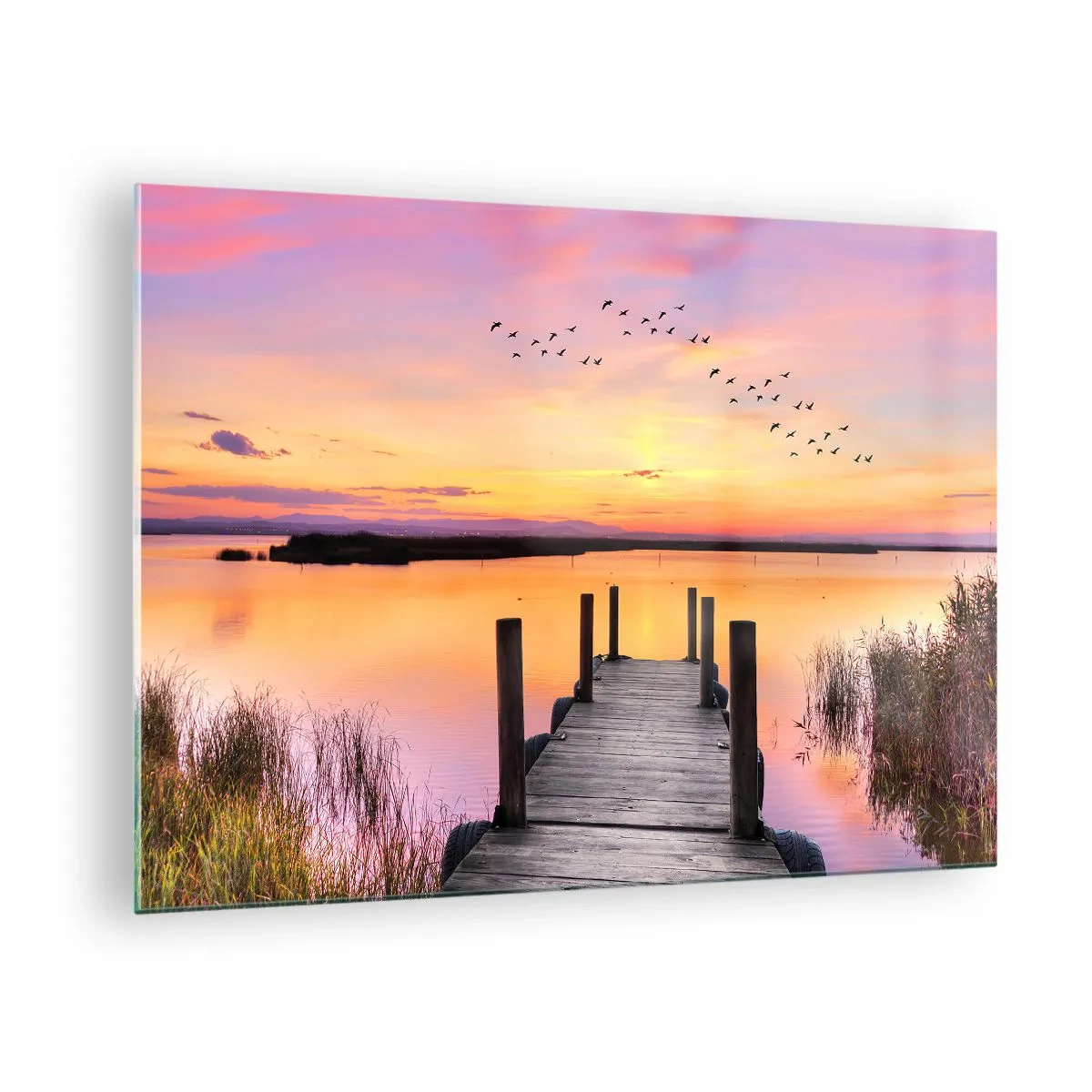 Glastavla - Bild på glas - Sjöpiren vid solnedgången med fåglar på himlen - 70x50cm - Tyst viol gryning - Modern väggdekoration för vardagsrum och sovrum ARTTOR