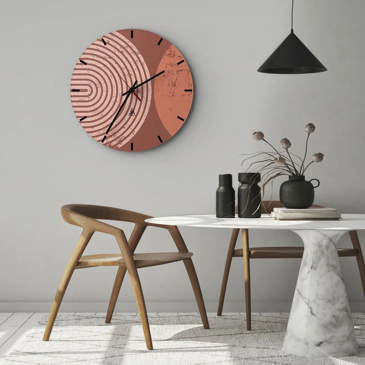Väggklocka - Klocka på glas - Geometri av cirklar i nyanser av terrakotta och rosa - 30x30cm - Nära relation - Modern väggdekoration för vardagsrum, kök och sovrum ARTTOR