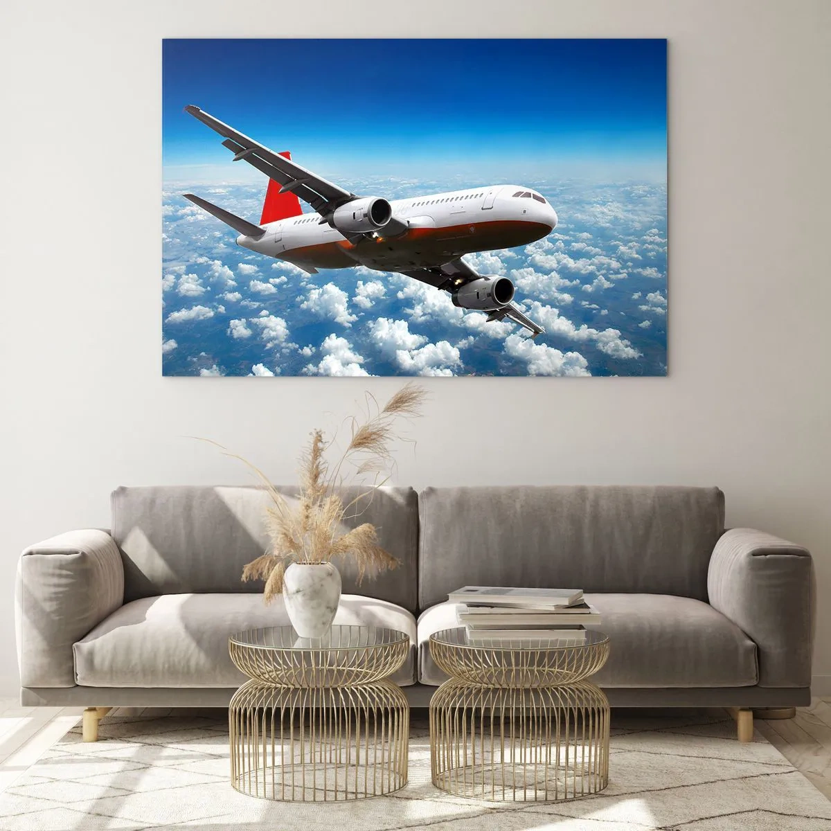 Glastavla - Bild på glas - Ett passagerarplan som flyger över molnen mot en blå himmel - 70x50cm - Lämna allt detta - Modern väggdekoration för vardagsrum och sovrum ARTTOR