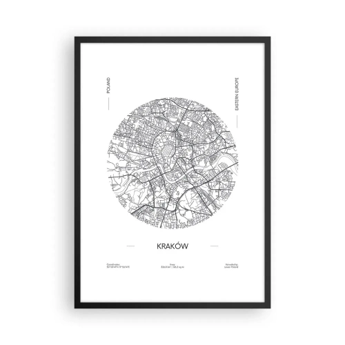 Affisch i svart ram - En minimalistisk karta över Krakow i en cirkel - 50x70cm - Krakóws anatomi - Modern väggdekoration för vardagsrum och sovrum ARTTOR
