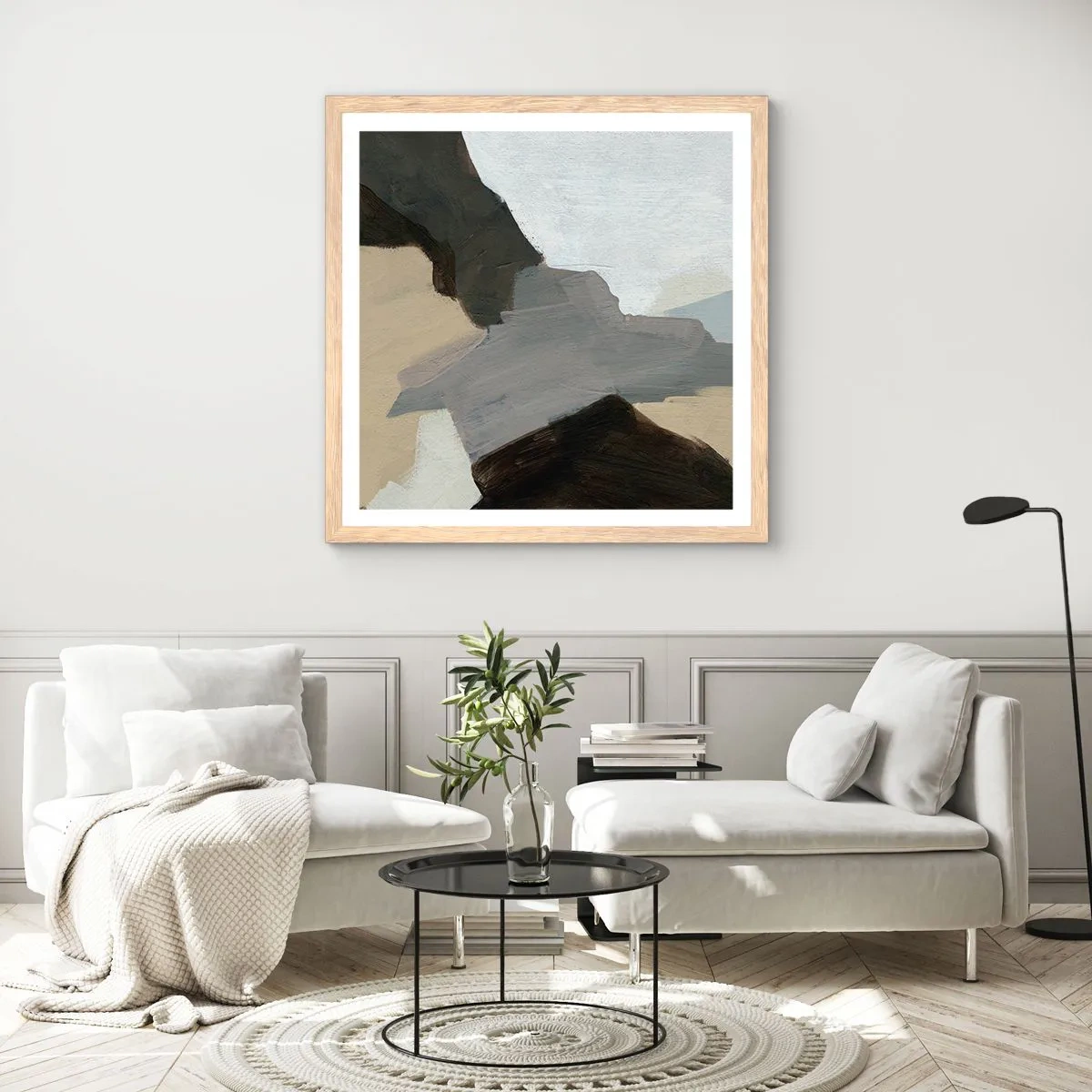 Affisch i ram av ljusek - Abstraktion: avgrening av det gråa - 60x60 cm