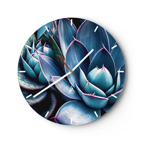 Väggklocka - Klocka på glas - Frodiga rosetter av suckulenter i nyanser av turkos och lila - 30x30cm - Vital kraft - Modern väggdekoration för vardagsrum, kök och sovrum ARTTOR