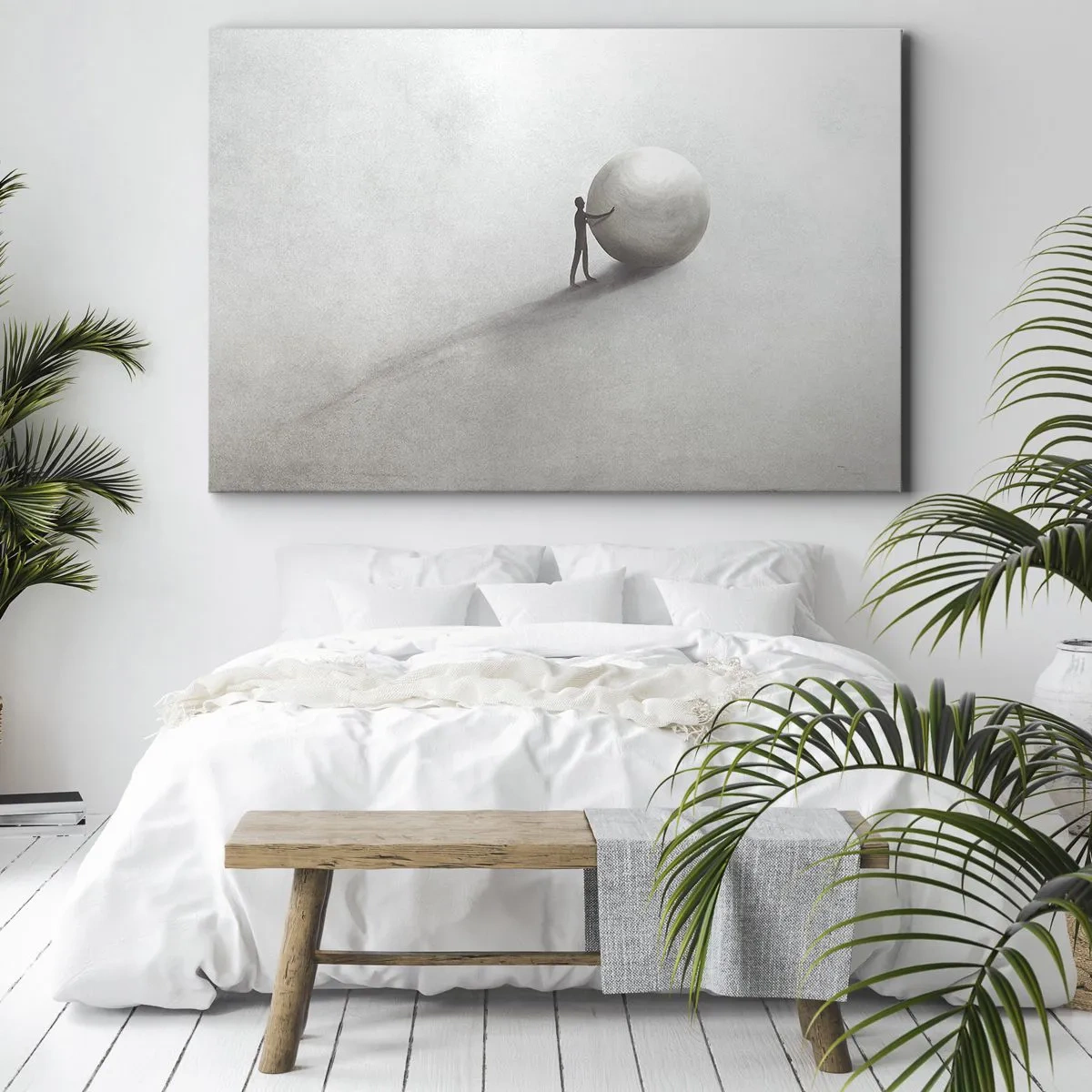 Canvastavla - Bild på duk - En minimalistisk figur med en boll mot en ljus, monokromatisk bakgrund. - 70x50cm - Livets spel - Modern väggdekoration för vardagsrum och sovrum ARTTOR