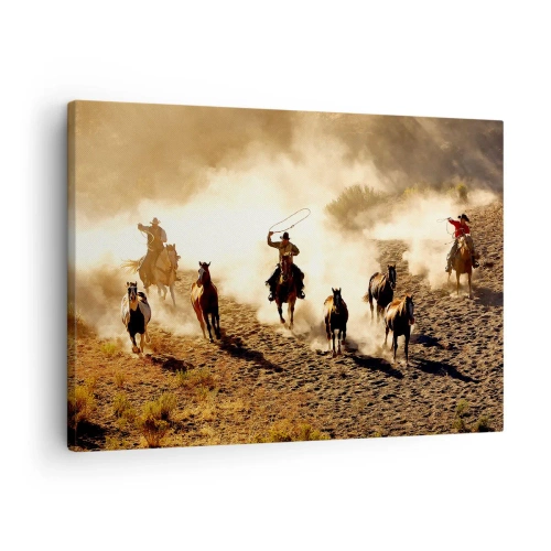 Canvastavla - Bild på duk - Cowboys till häst i aktion i ökenterrängen - 70x50cm - Verkligen vilda västern - Modern väggdekoration för vardagsrum och sovrum ARTTOR