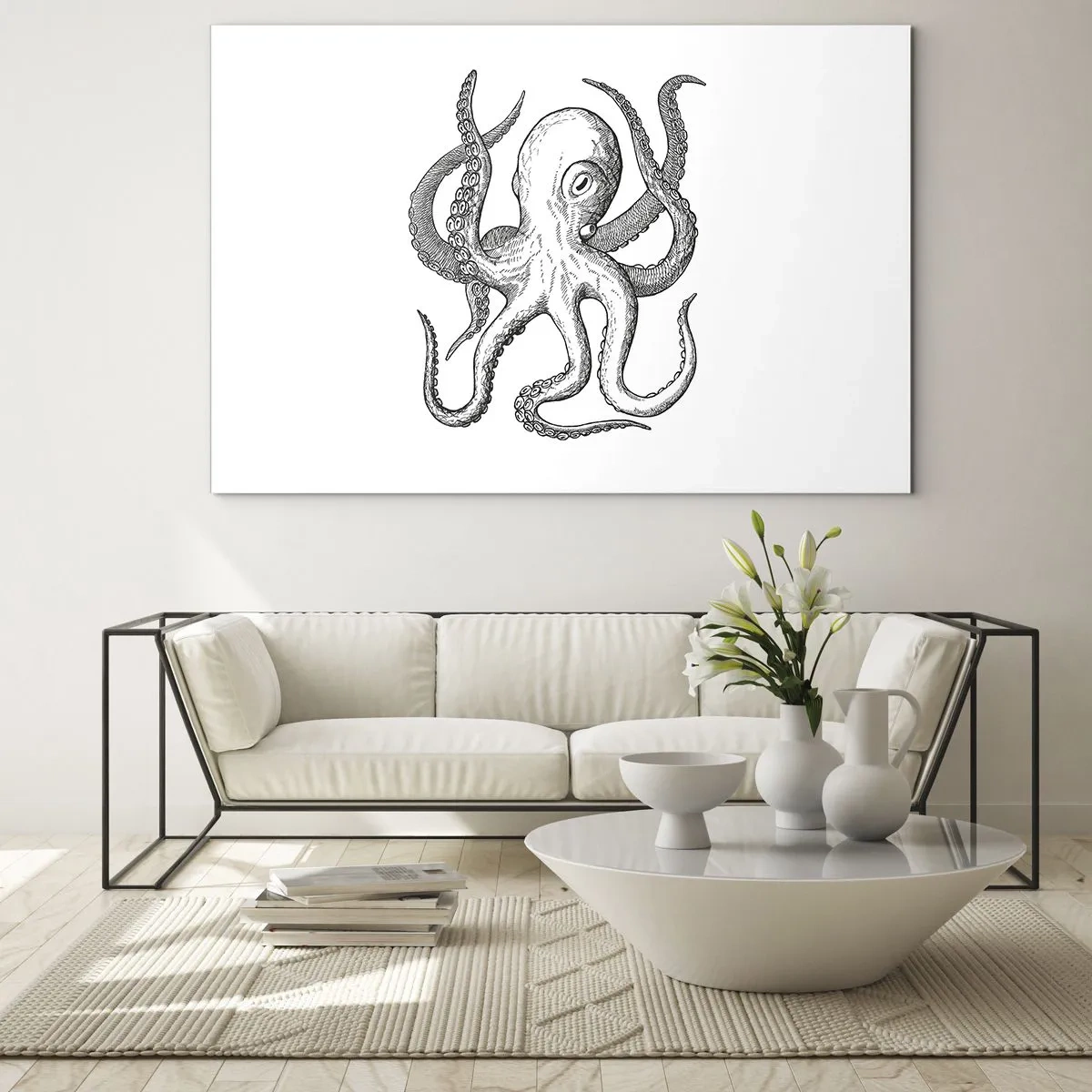 Glastavla - Bild på glas - Svartvit teckning av en bläckfisk mot en vit bakgrund - 70x50cm - Dansar med vågorna - Modern väggdekoration för vardagsrum och sovrum ARTTOR