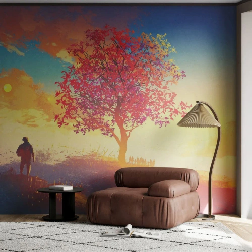 Fototapet Premium Sand - Pilgrim i målet - Landskap, Träd, Vandrare - 300x210 cm