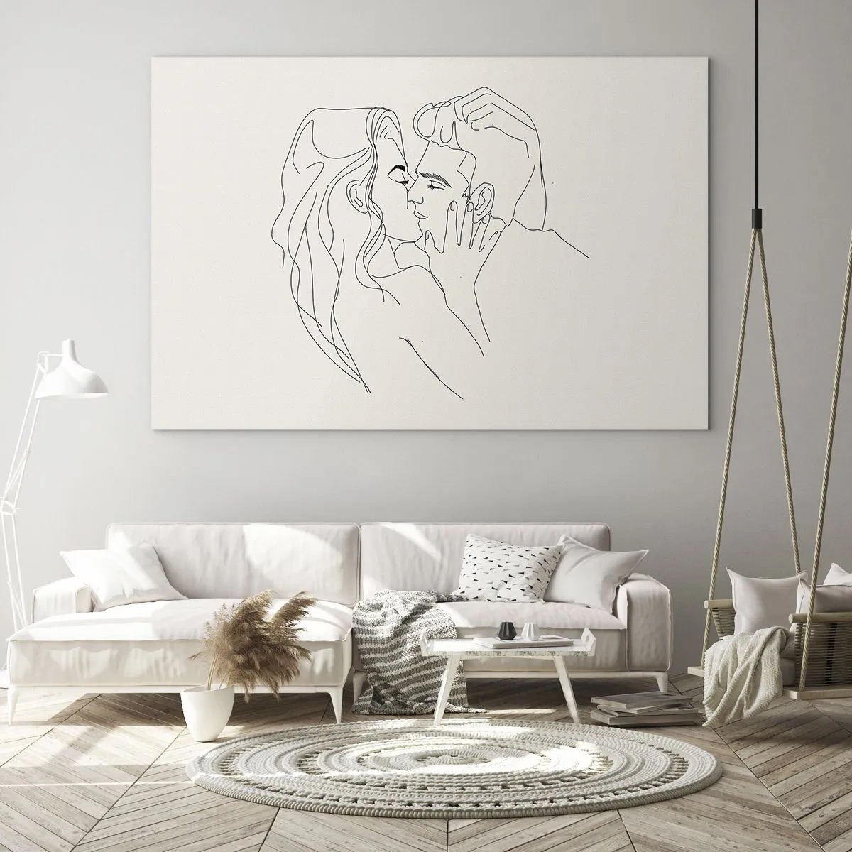 Glastavla - Bild på glas - En sensuell kyss av ett par i konturlinjen - 70x50cm - I kärlekens famn - Modern väggdekoration för vardagsrum och sovrum ARTTOR