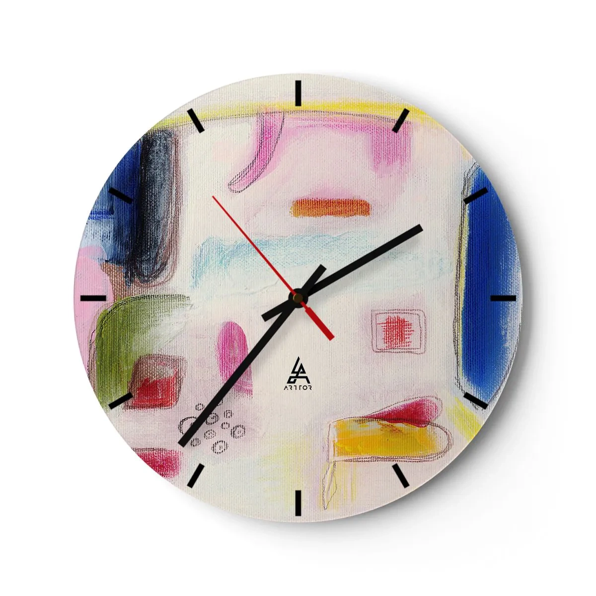 Väggklocka - Klocka på glas - Färgglada abstrakta fläckar på en ljus bakgrund i målerisk stil - 30x30cm - Mera konvex än konkav eller platt - Modern väggdekoration för vardagsrum, kök och sovrum ARTTOR