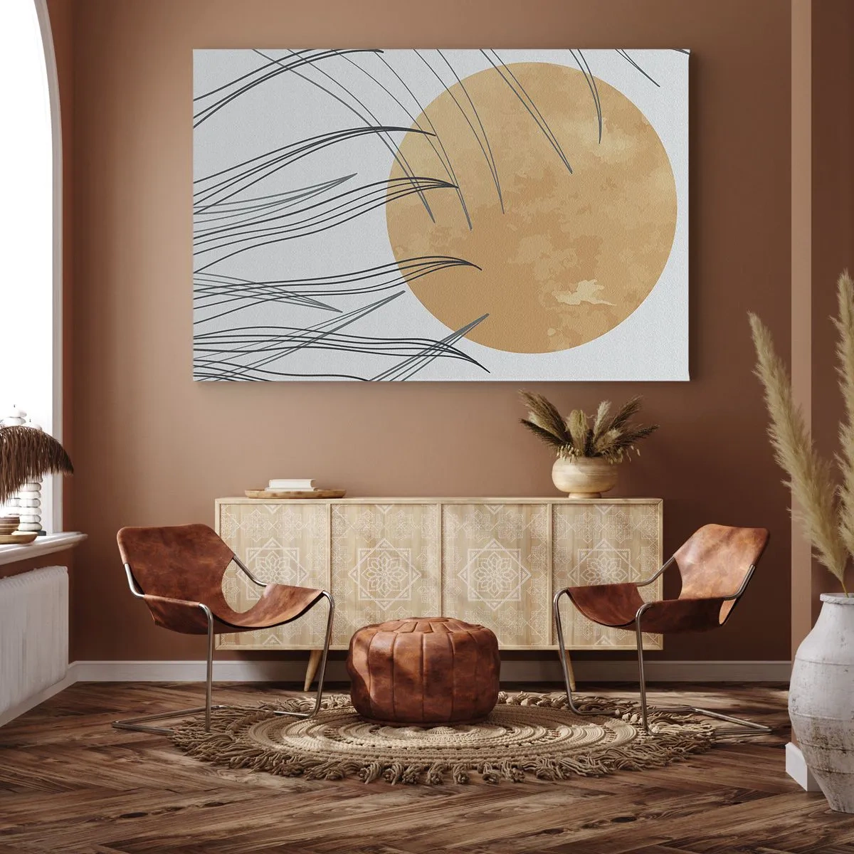 Canvastavla - Bild på duk - Abstrakta grässtrån mot bakgrund av en stor orange sol - 70x50cm - Alltid mot solen - Modern väggdekoration för vardagsrum och sovrum ARTTOR