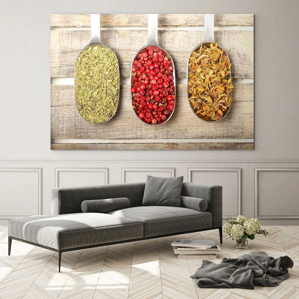 Glastavla - Bild på glas - Tre skedar med kryddor på en rustik träbakgrund - 70x50cm - Köksmagi - Modern väggdekoration för vardagsrum och sovrum ARTTOR