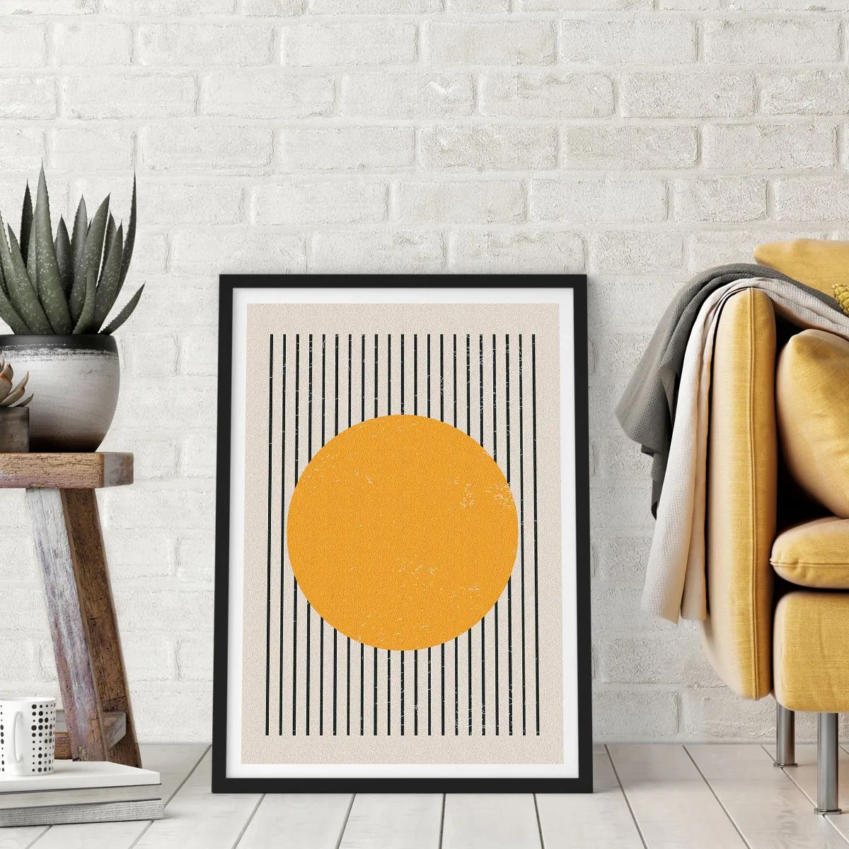 Affisch i svart ram - Geometrisk komposition med orange cirkel och linjer - 50x70cm - Enkelhetens kraft - Modern väggdekoration för vardagsrum och sovrum ARTTOR