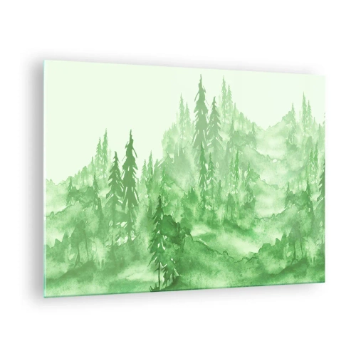 Glastavla - Bild på glas - Grön skog i akvarellstil - 70x50cm - Suddig i grön dimma - Modern väggdekoration för vardagsrum och sovrum ARTTOR