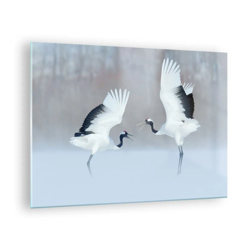 Glastavla - Bild på glas - Dansande tranor mot bakgrund av ett vinterlandskap - 70x50cm - Dansen i dimman - Modern väggdekoration för vardagsrum och sovrum ARTTOR