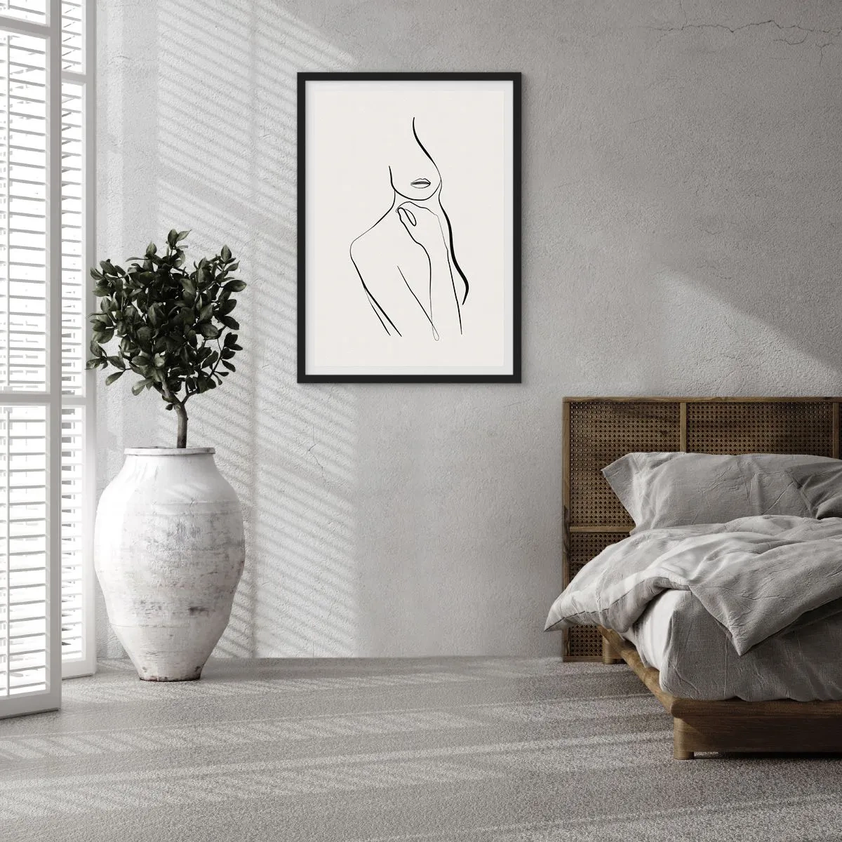 Affisch i svart ram - En minimalistisk linje av en kvinnlig silhuett mot en ljus bakgrund - 50x70cm - Melankolins våg - Modern väggdekoration för vardagsrum och sovrum ARTTOR