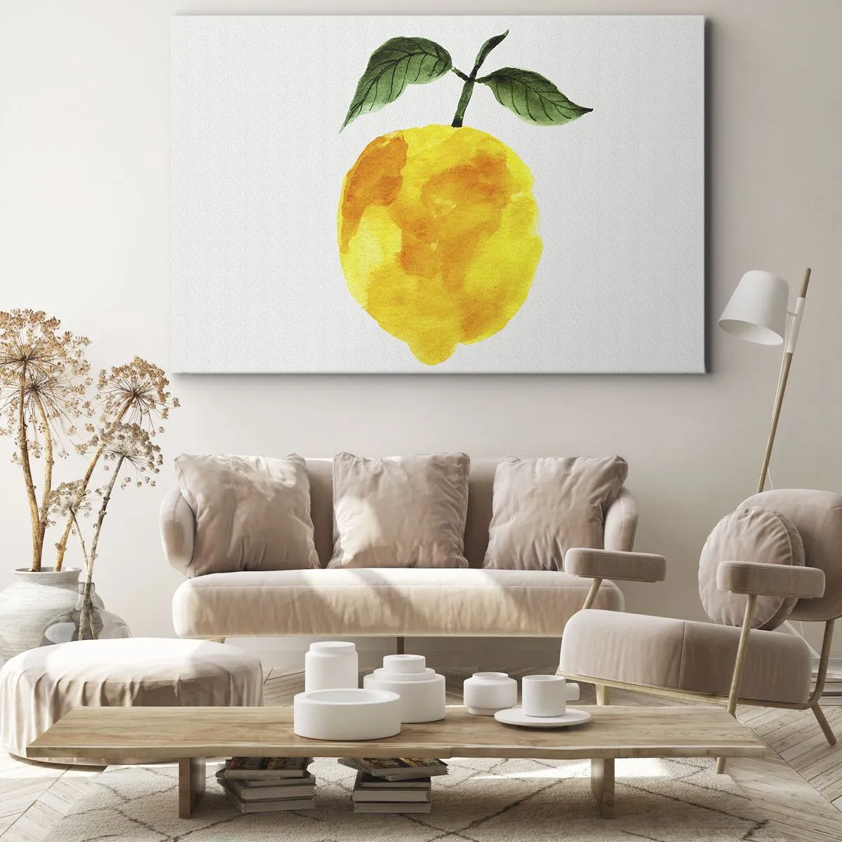 Canvastavla - Bild på duk - Akvarell citron med gröna blad på en ljus bakgrund - 70x50cm - Hur man känner smaken av solen - Modern väggdekoration för vardagsrum och sovrum ARTTOR