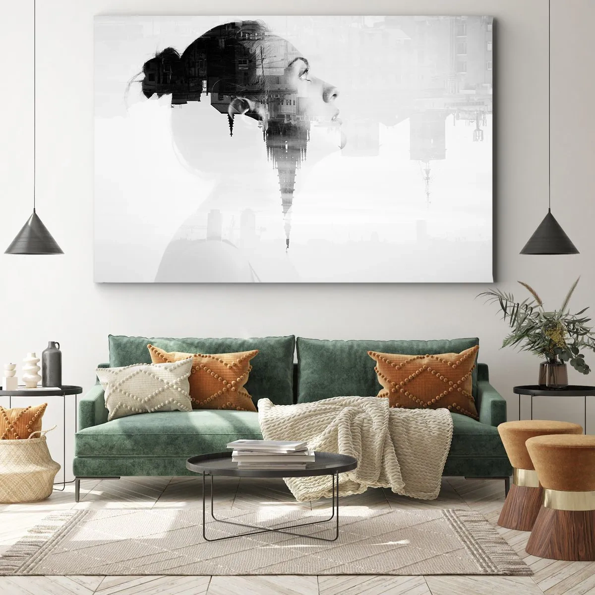 Canvastavla - Bild på duk - Porträtt av en kvinna med konturerna av en stad i bakgrunden, svarta och vita färger - 70x50cm - På rutans båda sidor - Modern väggdekoration för vardagsrum och sovrum ARTTOR
