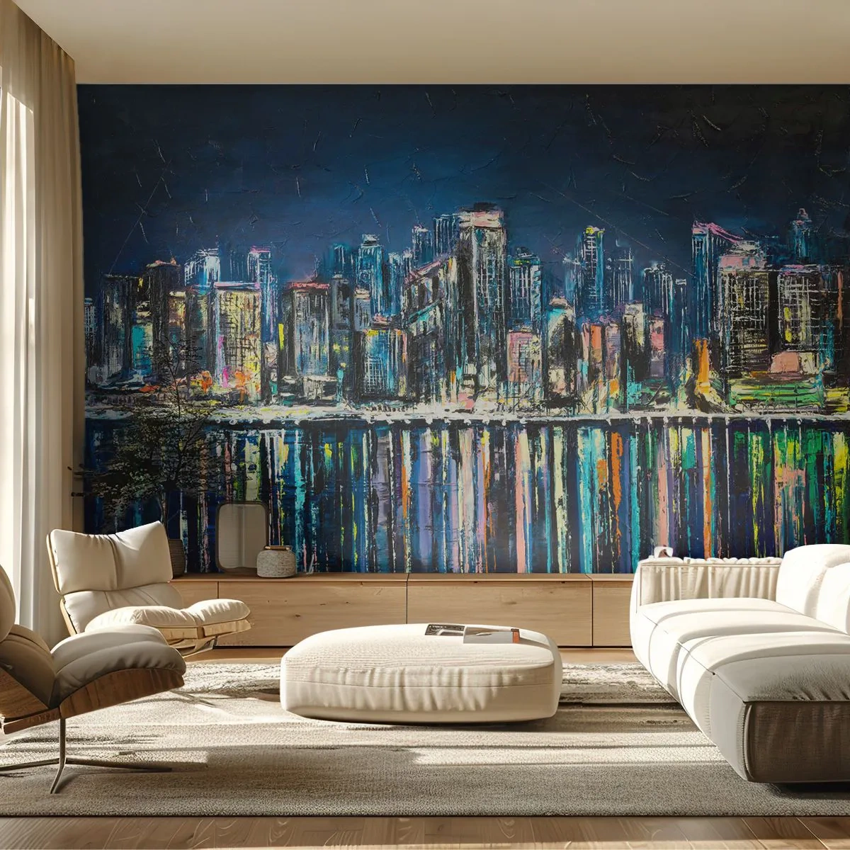 Självhäftande Fototapet Deluxe Sticker - Ljuskaskad - Stad, Arkitektur, Flod - 250x175 cm