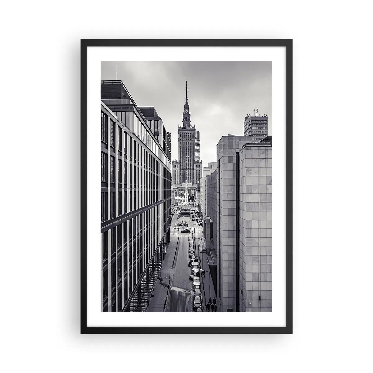 Affisch i svart ram - Vy över Kultur- och vetenskapspalatset i Warszawa i grå nyanser - 50x70cm - Warszawadalen - Modern väggdekoration för vardagsrum och sovrum ARTTOR