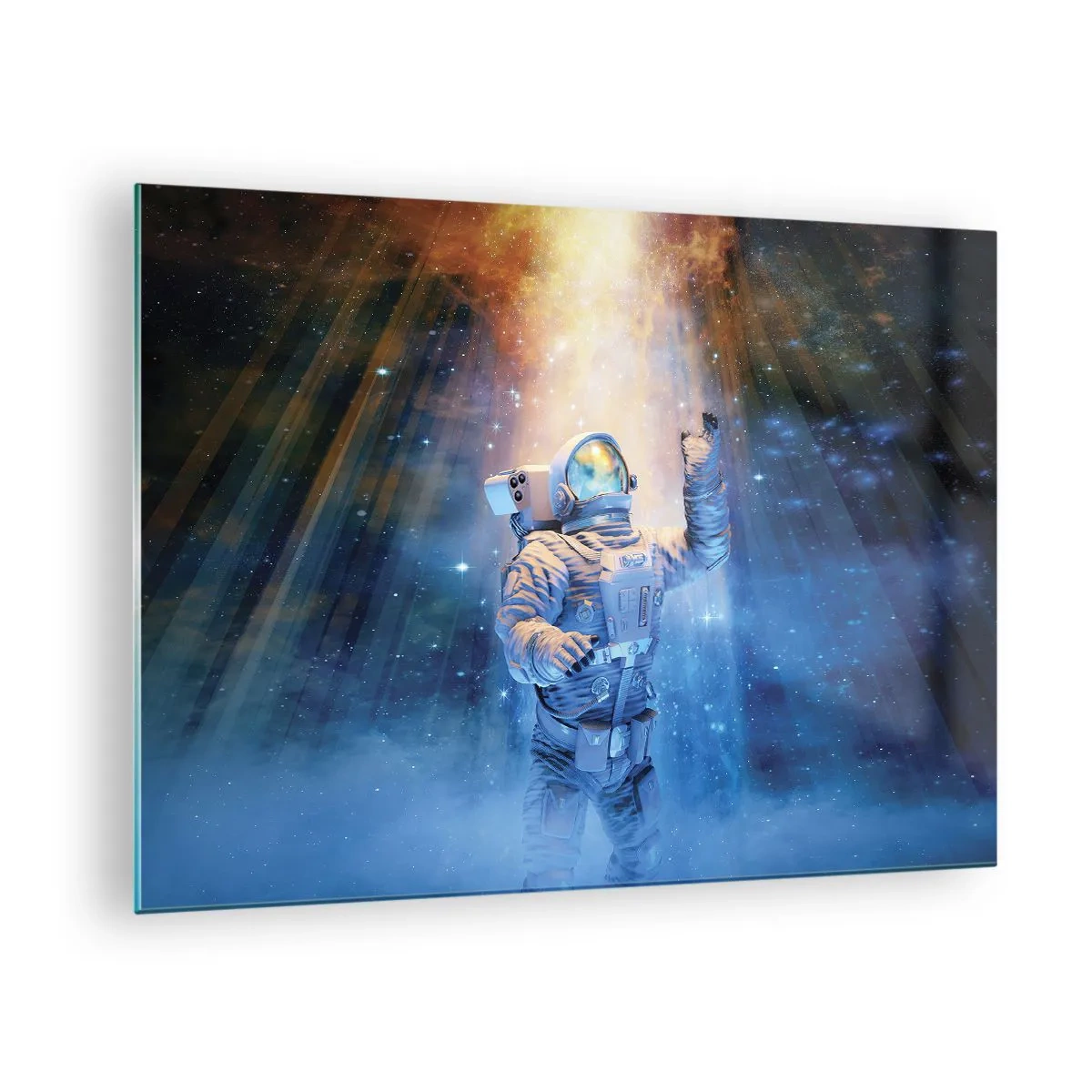 Glastavla - Bild på glas - En astronaut i rymden upplyst av ljusstrålar - 70x50cm - Äntligen i målet - Modern väggdekoration för vardagsrum och sovrum ARTTOR