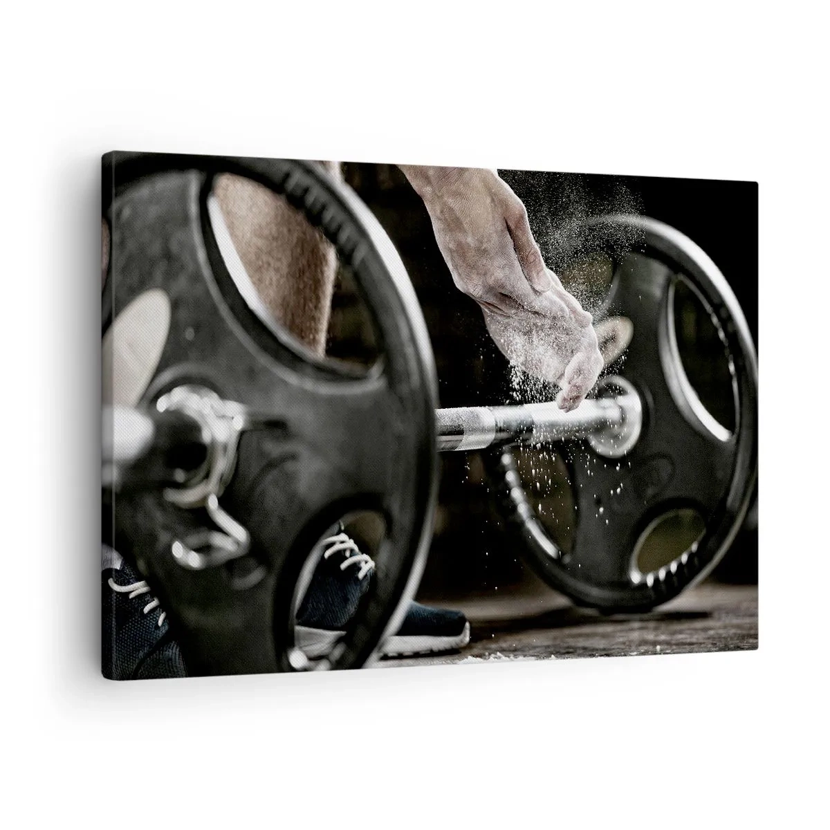 Canvastavla - Bild på duk - Hantlar och en idrottares händer som förbereder sig för träning - 70x50cm - Utmaningen accepterad! - Modern väggdekoration för vardagsrum och sovrum ARTTOR
