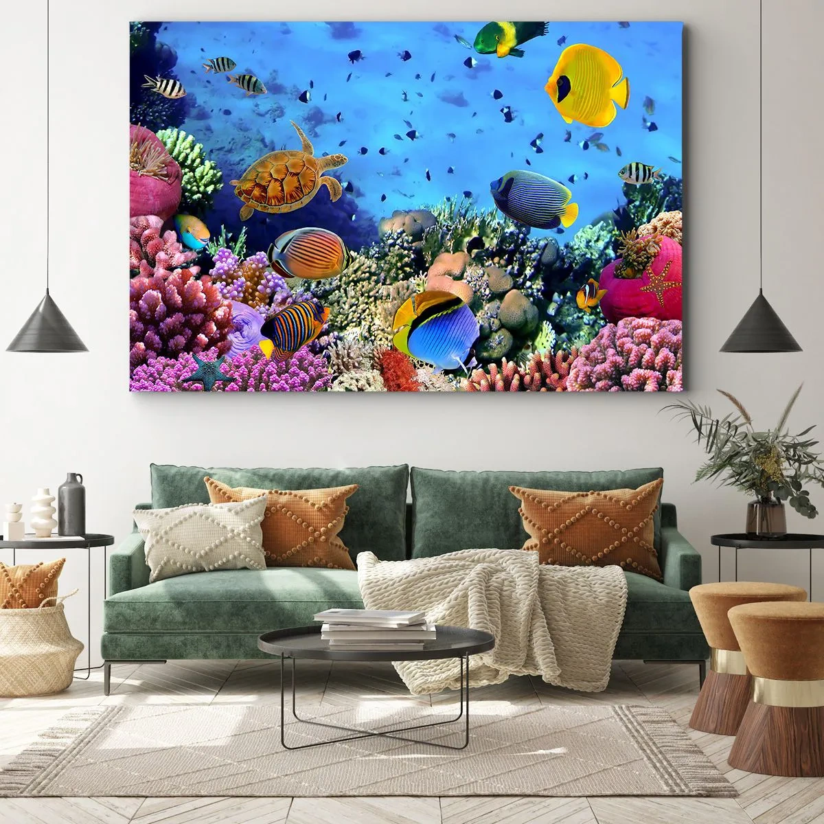 Canvastavla - Bild på duk - Korallrev med färgglada fiskar och en havssköldpadda - 70x50cm - Vad vet vi om livet... - Modern väggdekoration för vardagsrum och sovrum ARTTOR