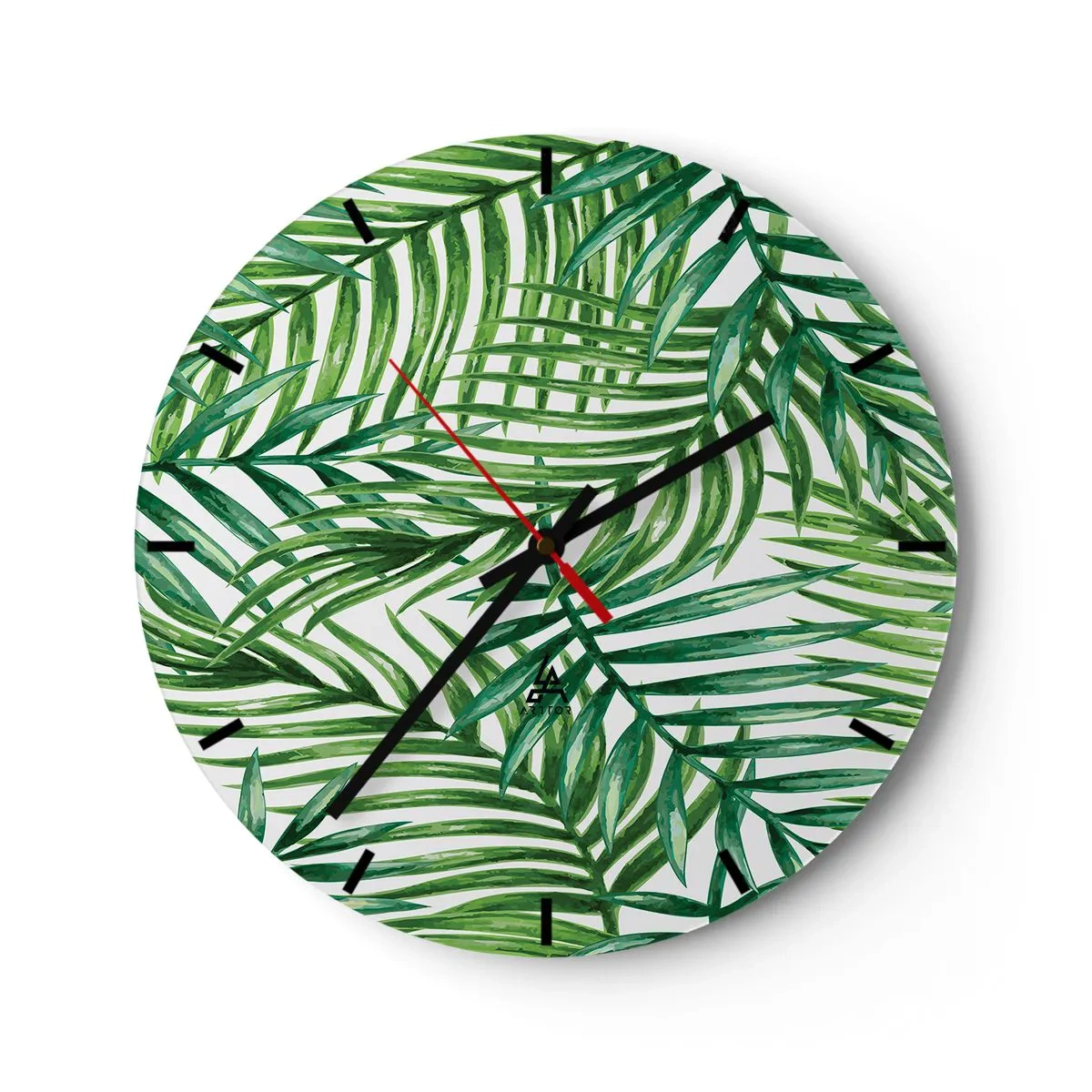 Väggklocka - Klocka på glas - Gröna palmblad arrangerade i en tät komposition - 30x30cm - Under gröna baldakinen - Modern väggdekoration för vardagsrum, kök och sovrum ARTTOR