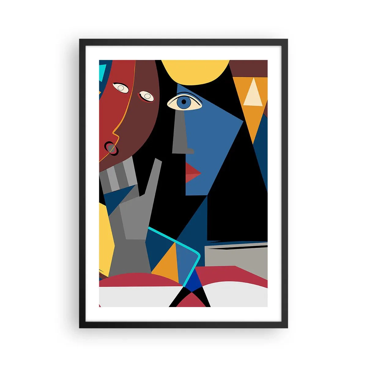 Affisch i svart ram - Kubistisk abstraktion av ett ansikte i livfulla färger - 50x70cm - Kubistiskt samtal - Modern väggdekoration för vardagsrum och sovrum ARTTOR