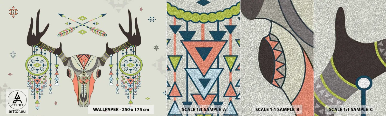 Provbit av fototapet Premium Sand - Indianjägares trofé - Abstraktion, Rådjur, Boho - 100x30 cm