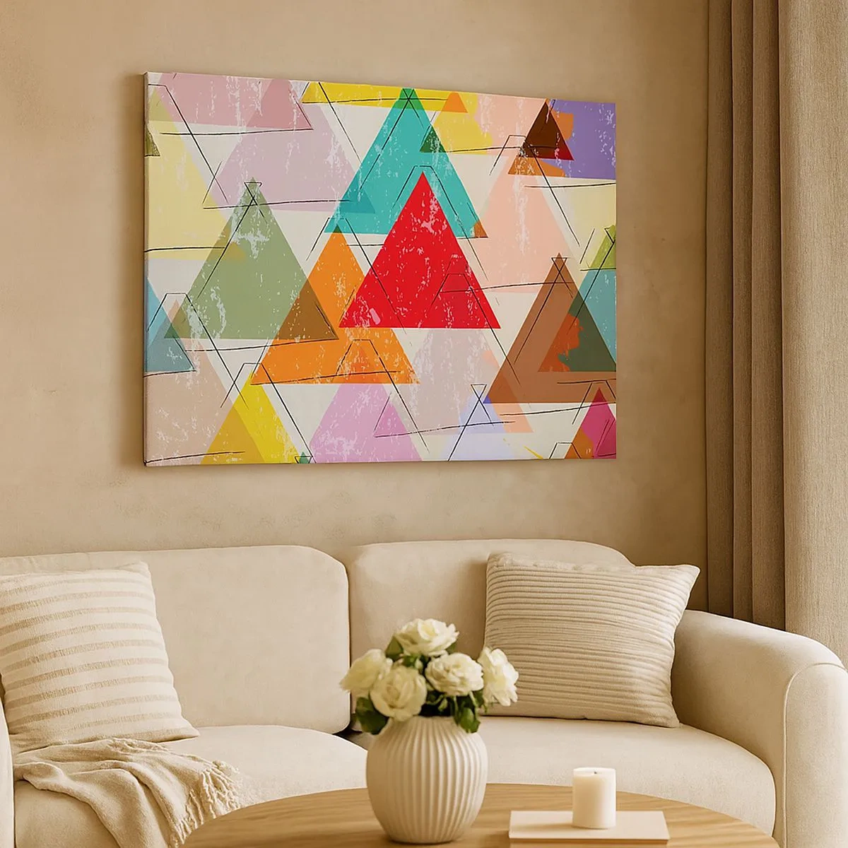 Canvastavla - Bild på duk - Färgglad abstraktion med geometriska trianglar - 70x50cm - Tre gånger tre - Modern väggdekoration för vardagsrum och sovrum ARTTOR