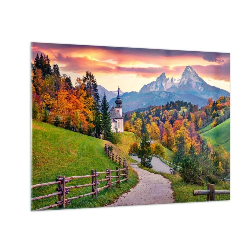 Glastavla - Bild på glas - Höstbergslandskap med en kyrka och en väg som leder genom kullarna - 70x50cm - Landskap som en målning - Modern väggdekoration för vardagsrum och sovrum ARTTOR