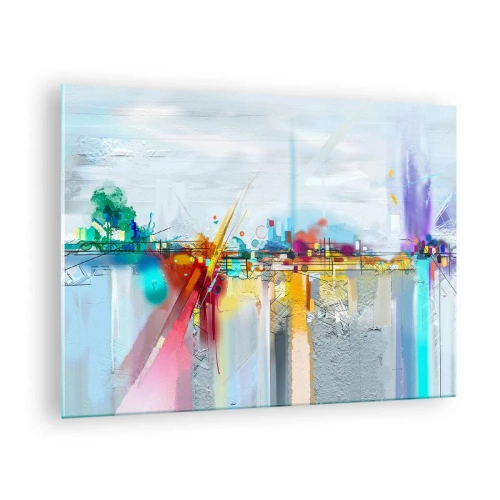 Glastavla - Bild på glas - Abstrakt bro i livfulla färger över en flod med pastellbakgrund - 70x50cm - Glädjens bro över livets flod - Modern väggdekoration för vardagsrum och sovrum ARTTOR