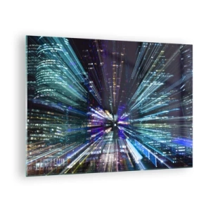 Glastavla - Bild på glas - Dynamiska ljuslinjer mot bakgrund av en nattstad - 70x50cm - Övergång till hyperrymden - Modern väggdekoration för vardagsrum och sovrum ARTTOR