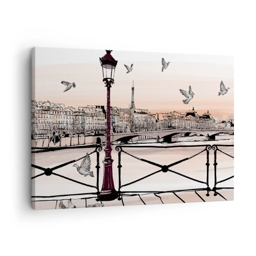 Canvastavla - Bild på duk - Parisisk utsikt med en lykta och en bro - 70x50cm - Över Paris tak - Modern väggdekoration för vardagsrum och sovrum ARTTOR